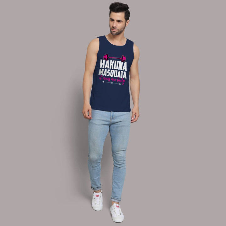 Juxar navy blue sando for men with Hakuna Masquata graphic paired with light blue jeans and white sneakers