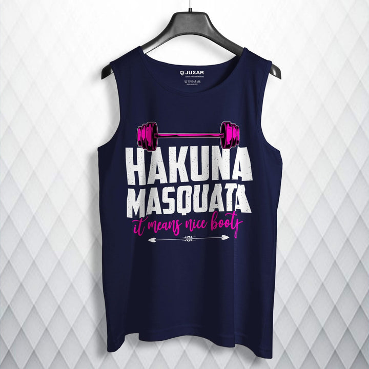 Juxar navy blue sando for men with Hakuna Masquata fitness graphic and pink weight design