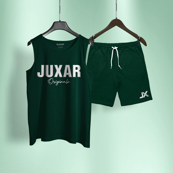 Juxar dark green sando top and shorts set with white logo and drawstring on shorts