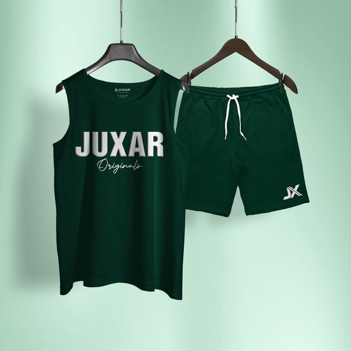 Juxar dark green sando top and shorts set with white logo and drawstring on shorts