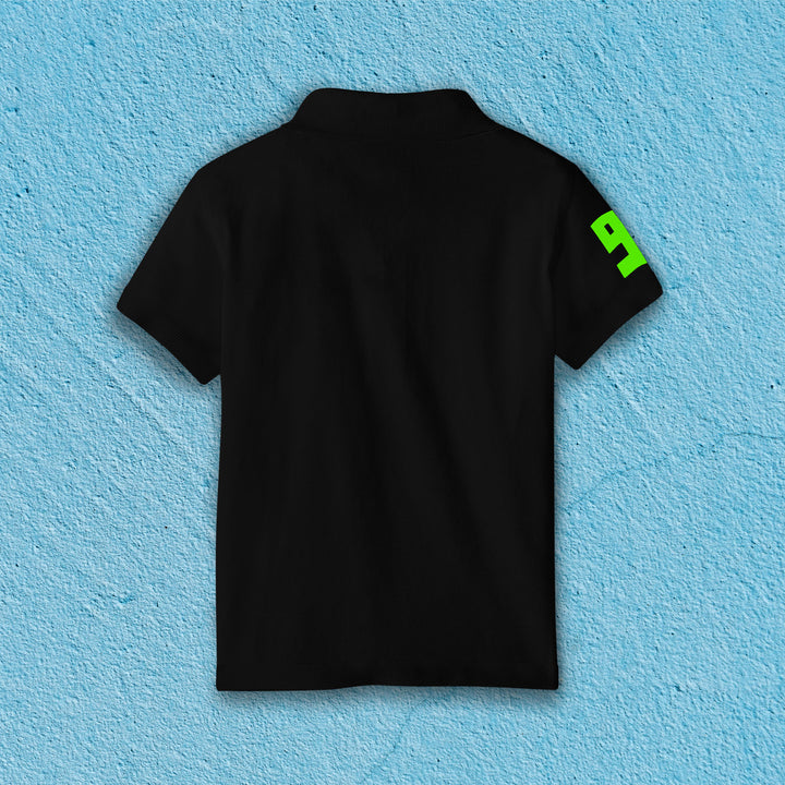 Juxar black short sleeve cotton polo tee back view with neon green sleeve number on blue textured background