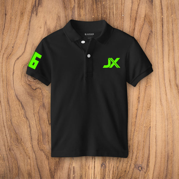Juxar black short sleeve cotton polo tee with neon green JX logo and sleeve number 6