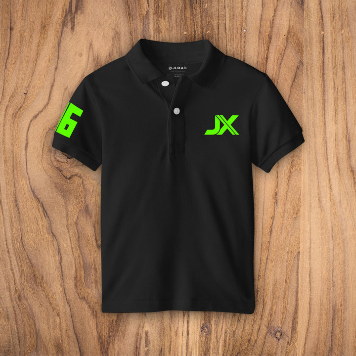 Juxar black short sleeve cotton polo tee with neon green JX logo and sleeve number 6