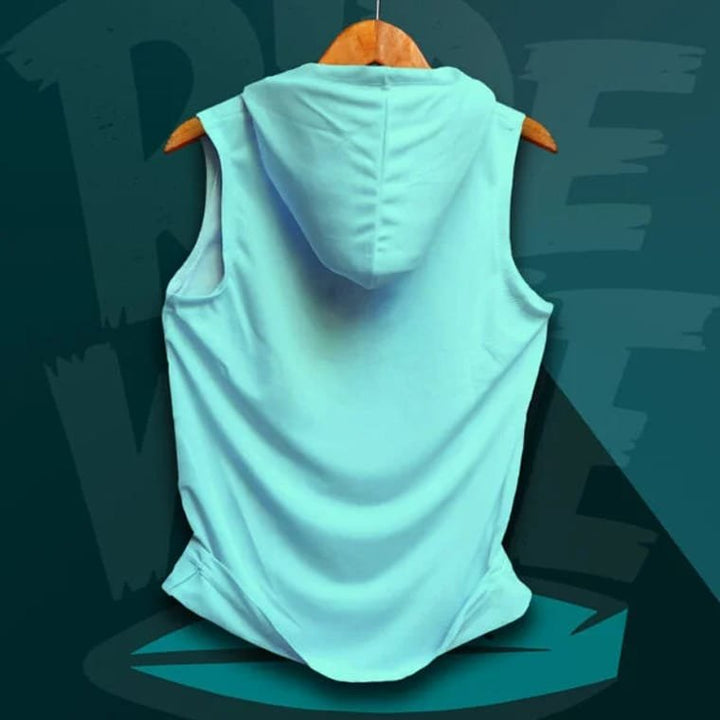 Juxar light blue cotton skateboard bear hoodie tank with sleeveless design and hood hanging on wooden hanger