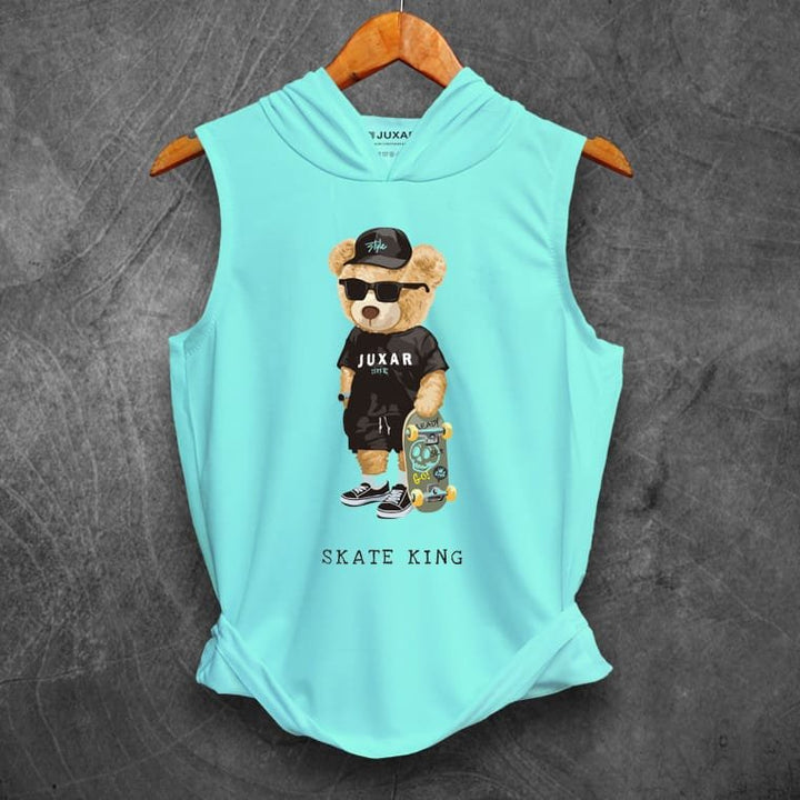 Juxar cotton sleeveless hoodie tank with skateboard bear hoodie tank graphic in turquoise