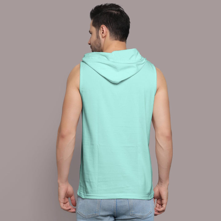 Back view of man wearing light blue cotton skateboard bear hoodie tank by Juxar