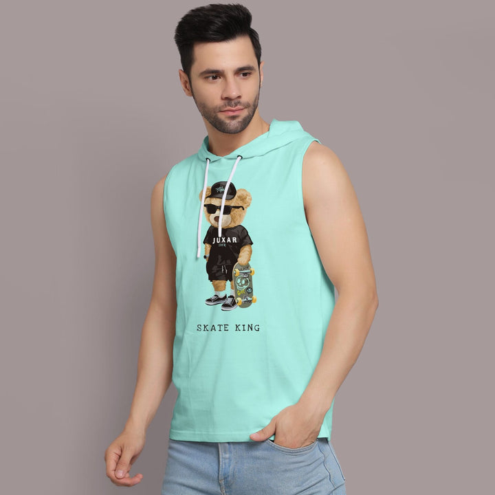 Juxar cotton skateboard bear hoodie tank in light teal with bear graphic and hood for casual wear