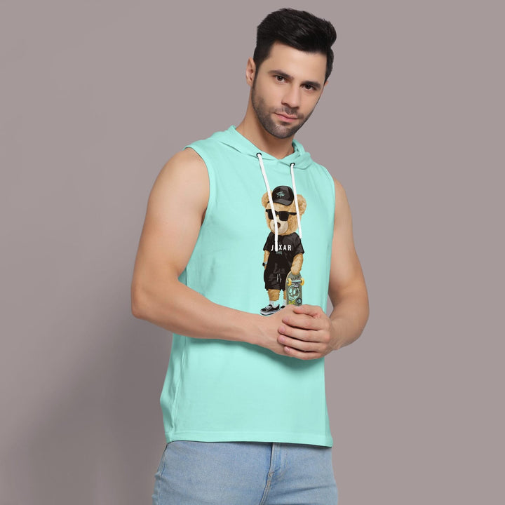 Juxar cotton skateboard bear hoodie tank in light turquoise with sleeveless design and bear graphic