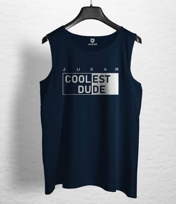 Juxar men's skull printed sleeveless sando in navy blue with coolest dude text print
