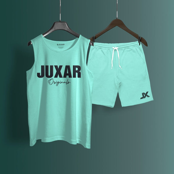 Juxar sleeveless cord set in light teal with sleeveless top and matching shorts with drawstring