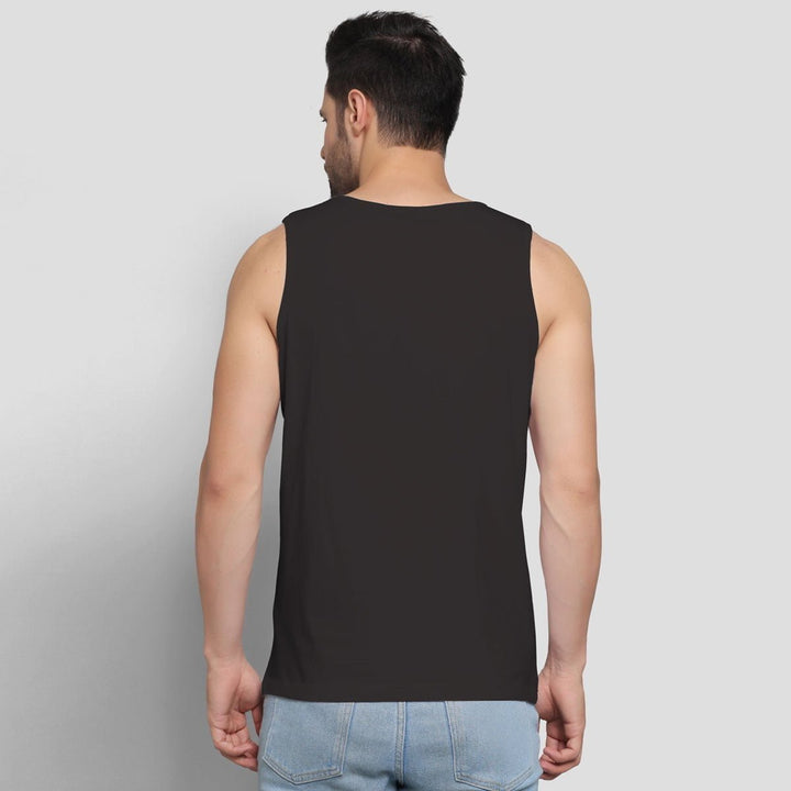Juxar mens sleeveless gym vest in black shown from the back with relaxed fit and sleeveless design