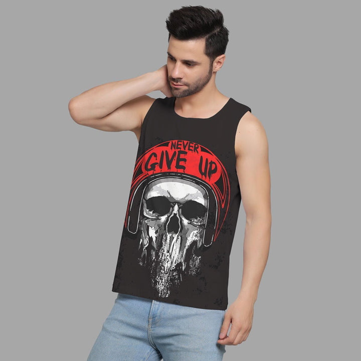 Juxar mens sleeveless gym vest in black with skull and never give up graphic design