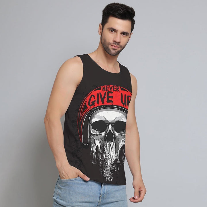 Juxar mens sleeveless gym vest black with bold skull graphic and red never give up text