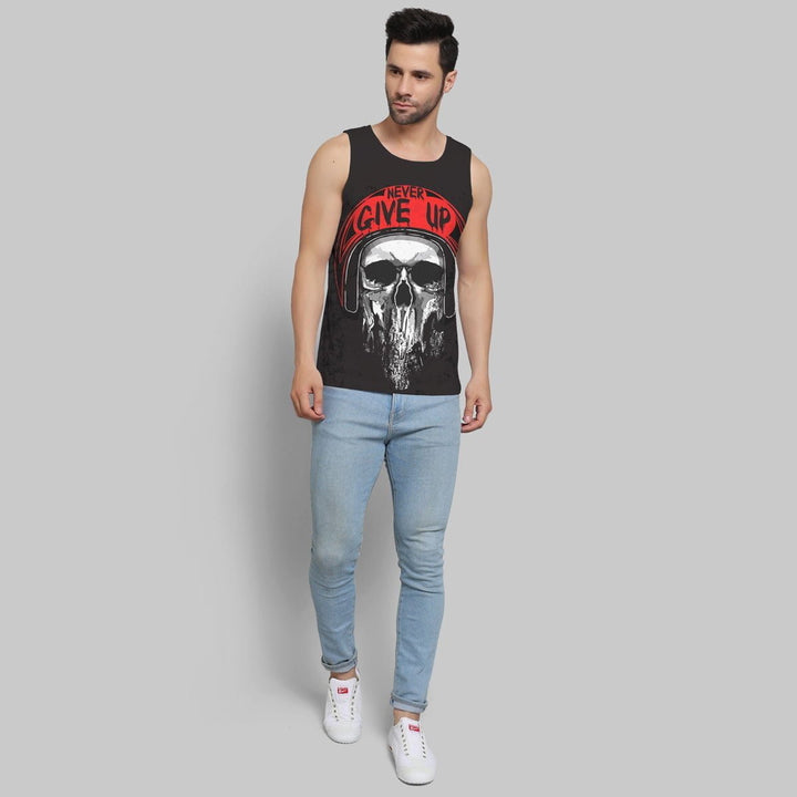 Juxar mens sleeveless gym vest with skull graphic and never give up text in black