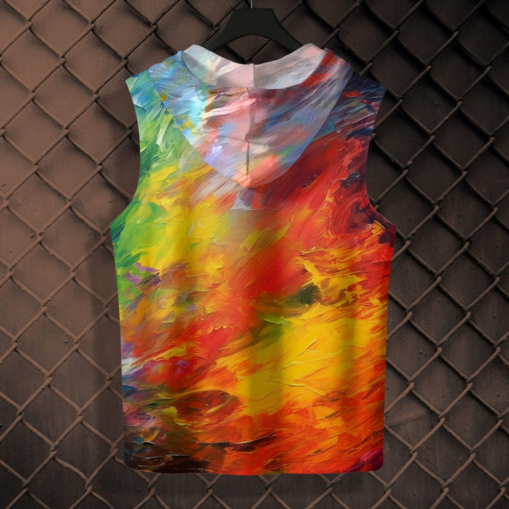 Juxar colorful sleeveless hoodie for men with vibrant abstract paint design on back