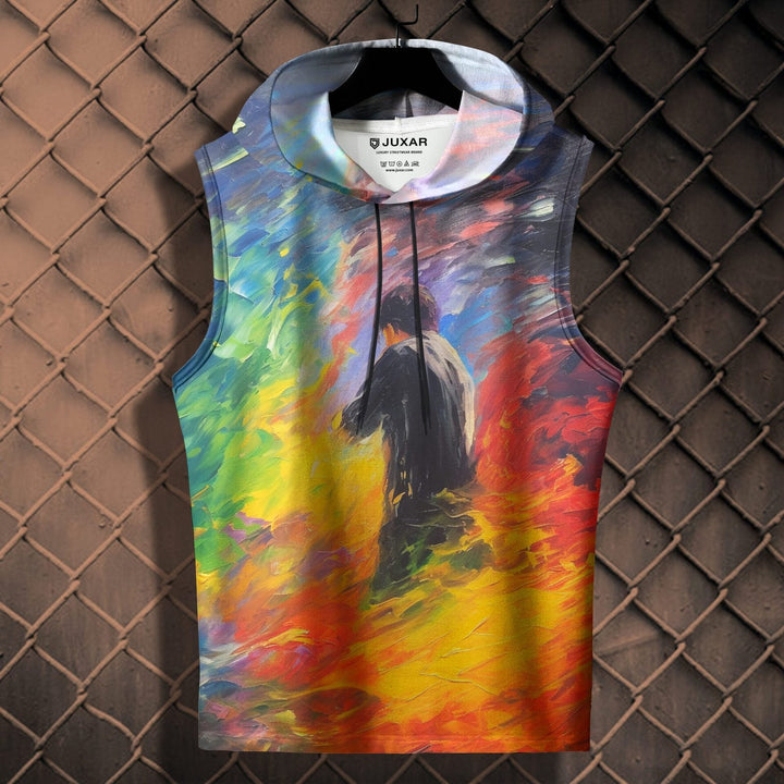 Juxar sleeveless hoodie for men featuring vibrant multicolor abstract design with hood and drawstrings