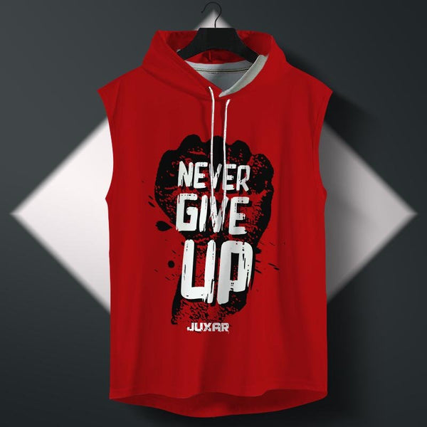 Juxar men's red sleeveless hoodie for workouts with Never Give Up graphic print
