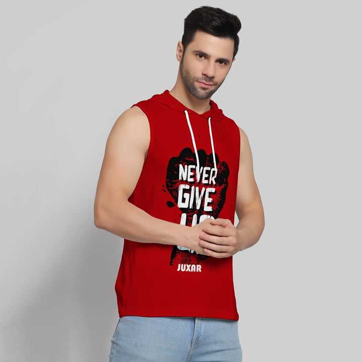 Juxar men's red sleeveless hoodie for workouts with never give up graphic design