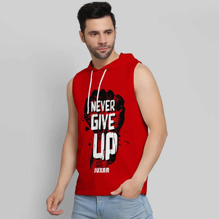 Juxar men's red sleeveless hoodie for workouts with Never Give Up graphic and hood