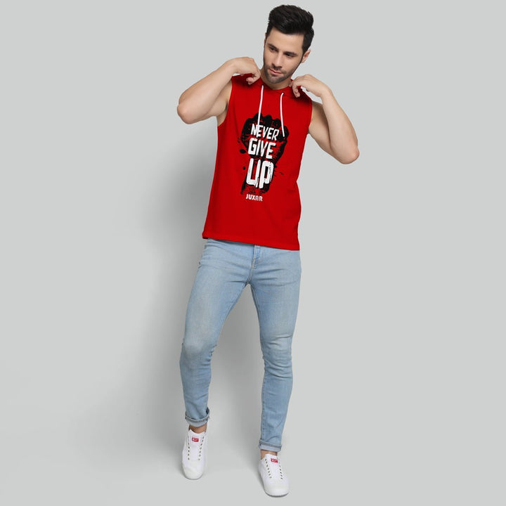 Juxar men's red sleeveless hoodie for workouts with Never Give Up graphic and white drawstrings