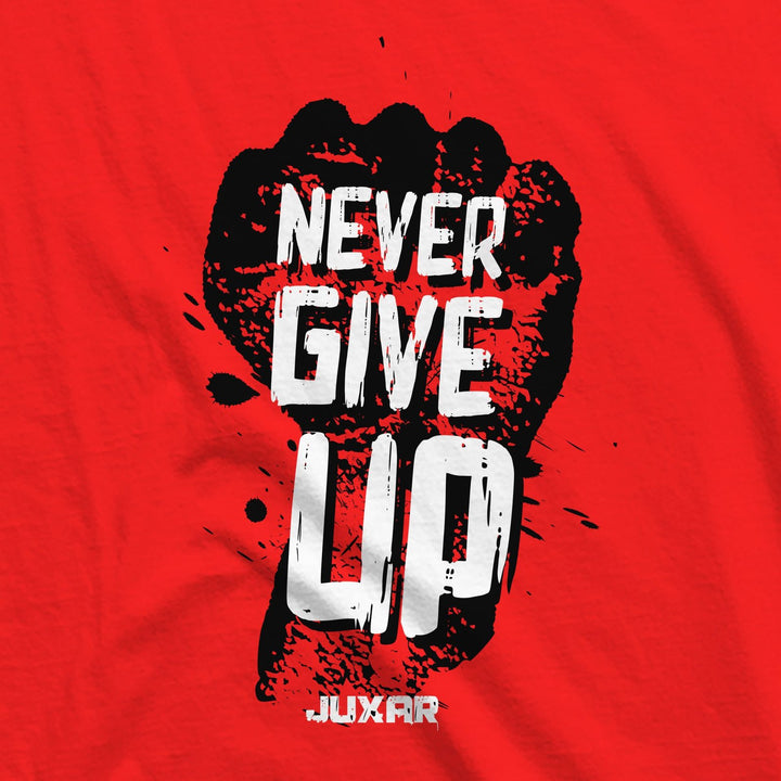 Juxar men's sleeveless hoodie for workouts with red background and never give up fist design
