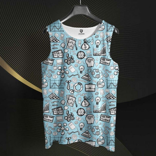 Juxar mens sleeveless printed sando with blue background and black and white business icons pattern