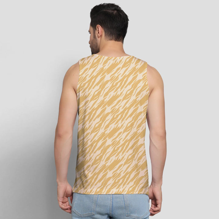 Juxar mens sleeveless printed t-shirt in beige and white abstract pattern shown from the back