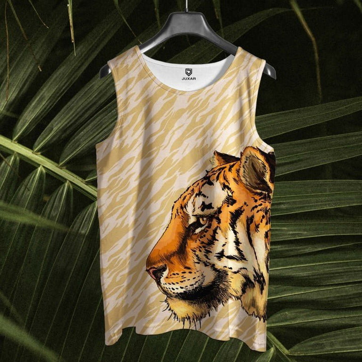 Juxar mens sleeveless printed t-shirt with large tiger face design on beige animal stripe background