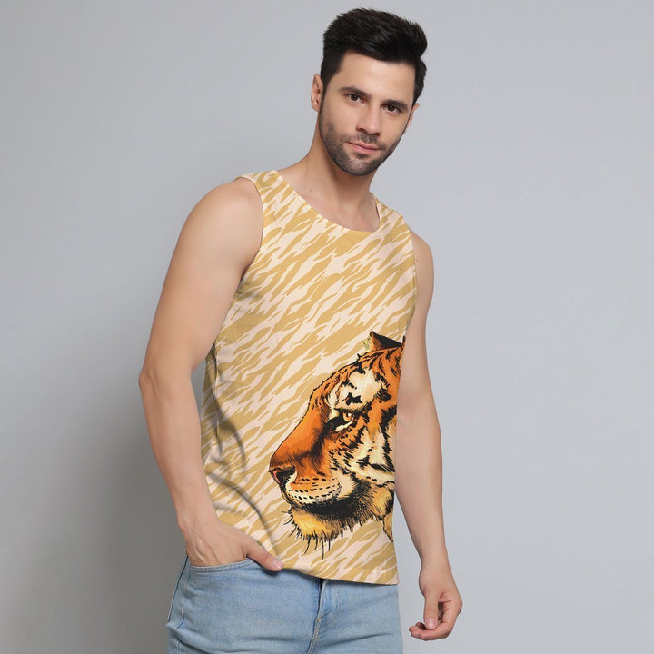 Juxar mens sleeveless printed t-shirt with tiger face graphic and beige patterned background