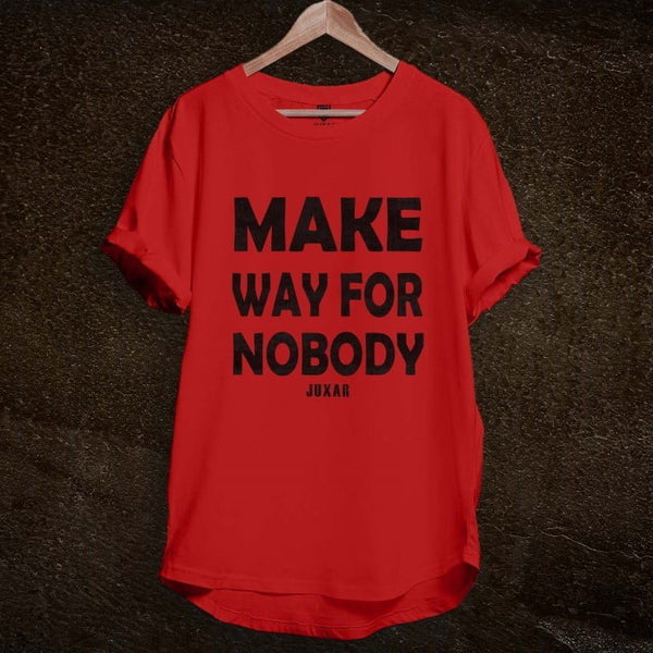 Juxar red slim fit cotton longline t shirt with bold MAKE WAY FOR NOBODY print and crew neck