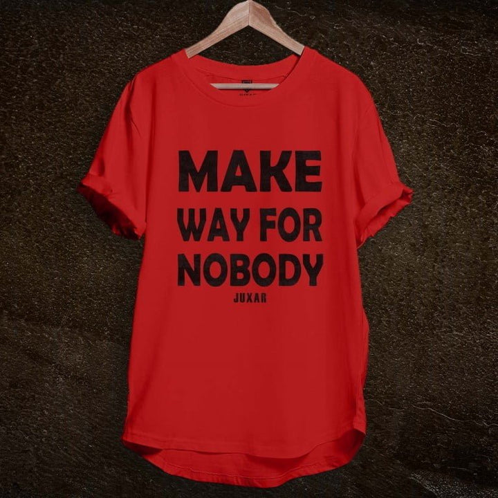 Juxar red slim fit cotton longline t shirt with bold MAKE WAY FOR NOBODY print and crew neck