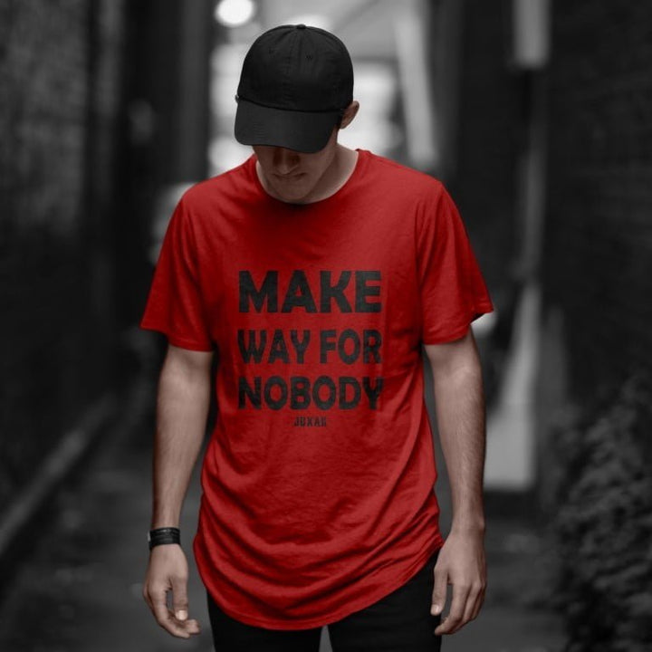 Juxar slim fit cotton longline t shirt red graphic Make Way For Nobody worn by male model with black cap