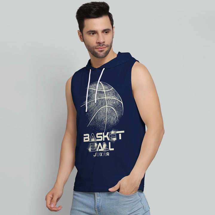 Juxar mens navy blue sleeveless slim fit hoodie with basketball graphic and drawstring hood