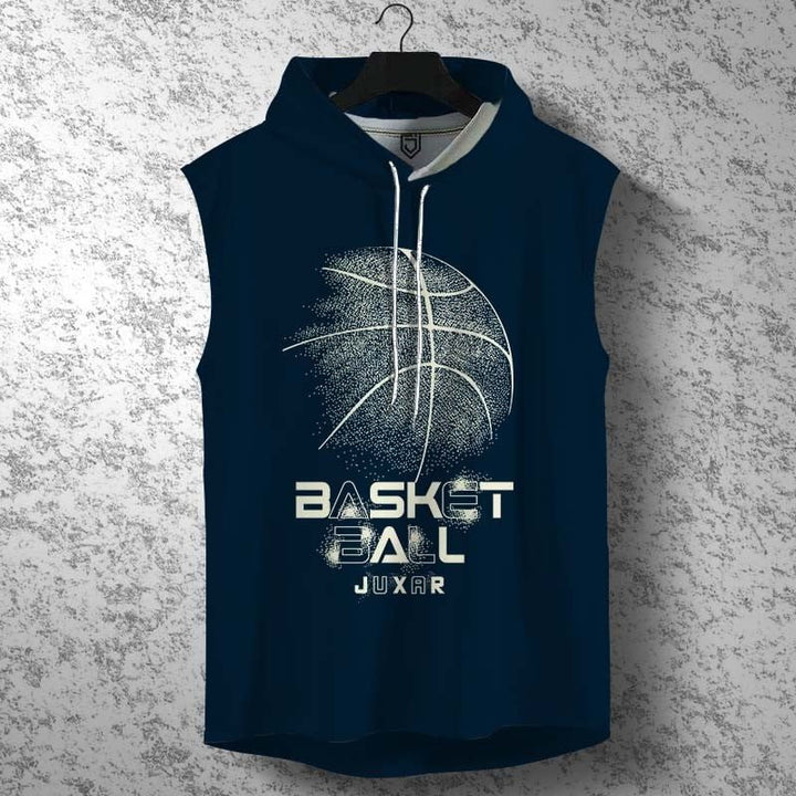 Juxar men's navy slim fit hoodie sleeveless with basketball graphic and drawstring hood
