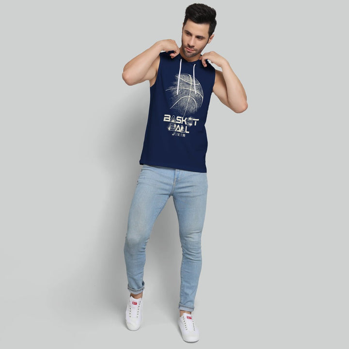 Juxar mens slim fit hoodie navy blue sleeveless basketball graphic with drawstring hood