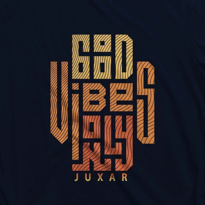 Juxar cotton slim fit longline tee navy blue with orange geometric Good Vibes Only front graphic
