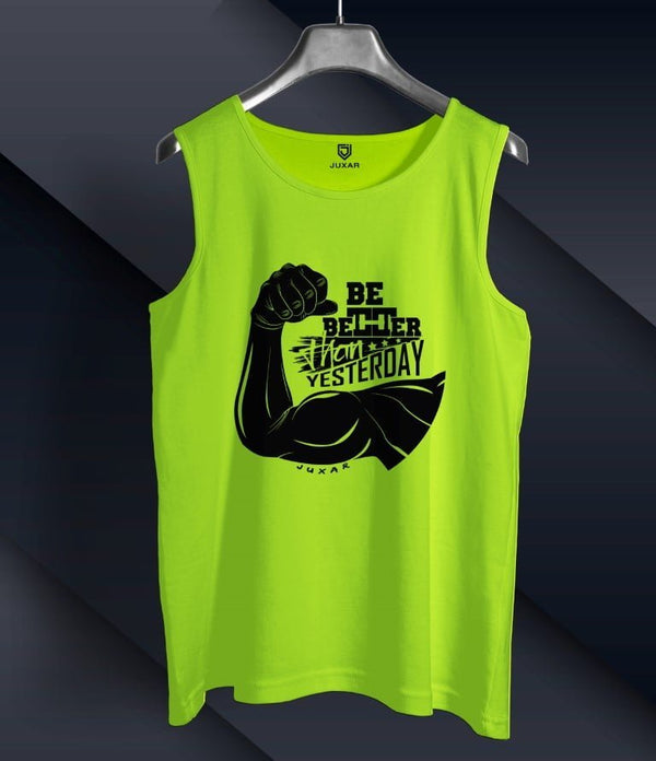 Juxar men's lime green slim fit sando with black motivational graphic and text print