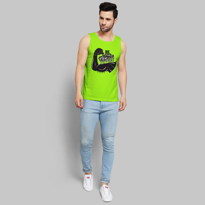 Juxar men's bright green slim fit sando with black muscle graphic paired with light blue jeans