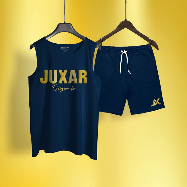 Juxar soft cotton cord set navy blue sleeveless tank top and shorts with gold logo