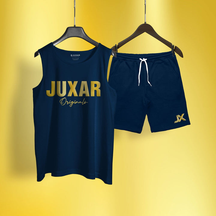Juxar soft cotton cord set navy blue sleeveless tank top and shorts with gold logo