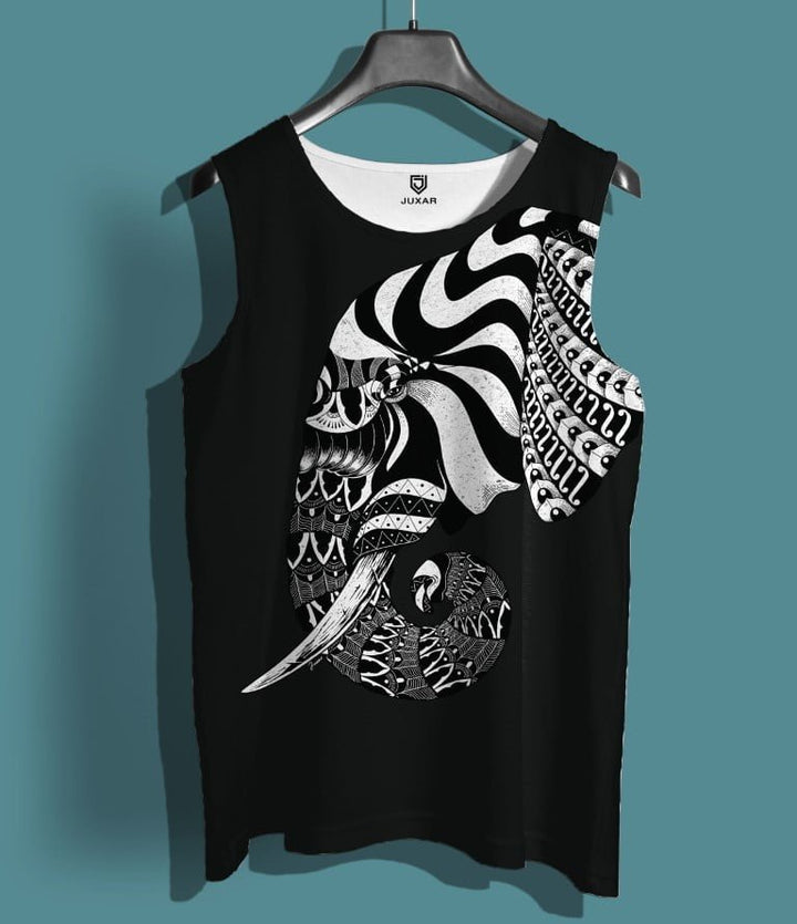 Juxar mens black soft fabric sando with artistic white and black elephant design