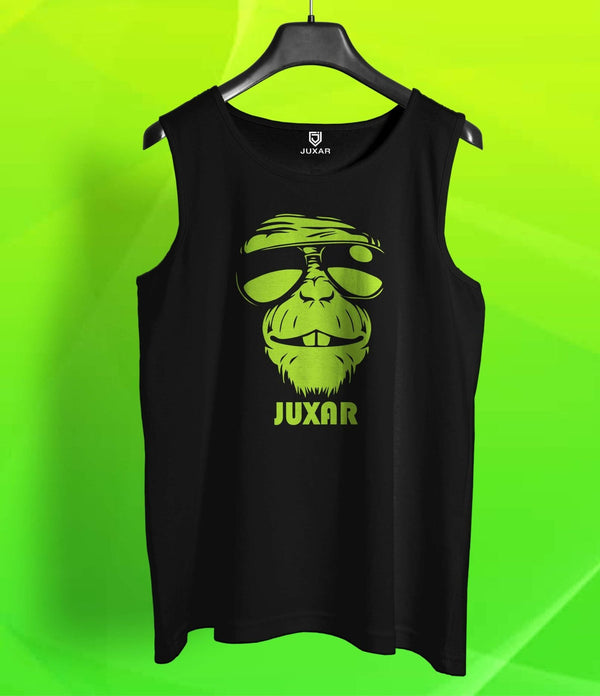 Juxar mens solid printed sando black sleeveless shirt with green graphic design on front