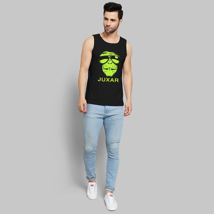 Juxar mens black solid printed sando with neon green graphic paired with light blue jeans and white sneakers