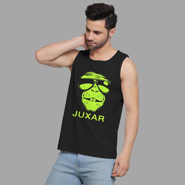 Juxar men's black solid printed sando with neon green monkey graphic and casual fit