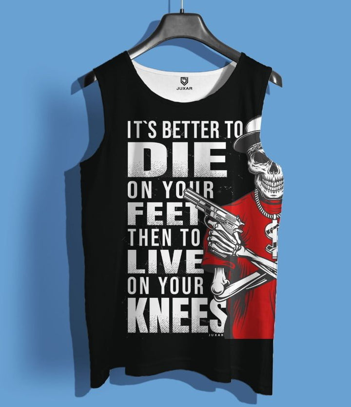 Juxar men's black sports sleeveless sando featuring bold white text and a skeleton graphic with a red shirt