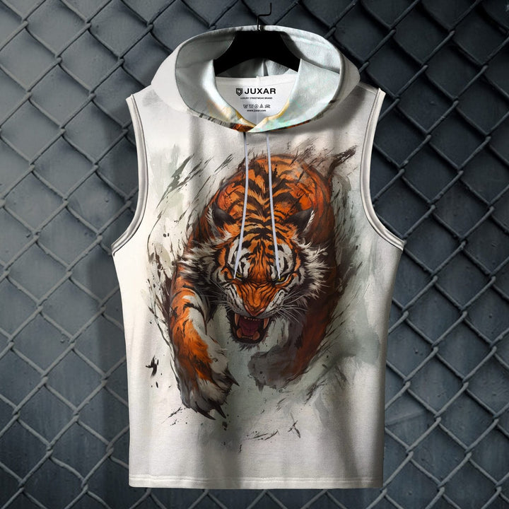 Juxar mens Sportsman sleeveless hoodie with fierce tiger graphic on front