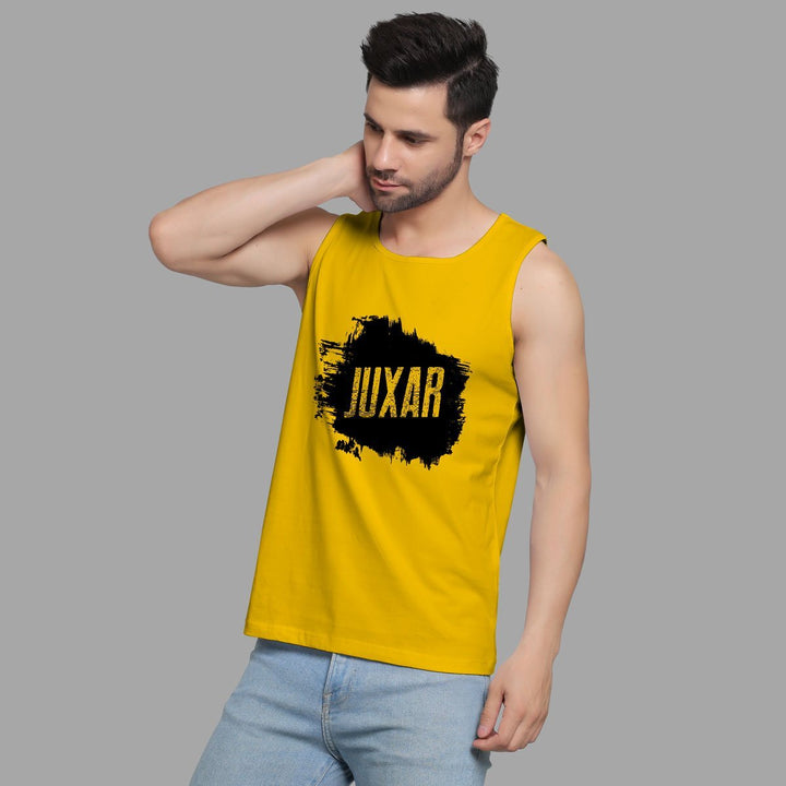 Juxar yellow sleeveless tank top sportswear for men with black logo and casual fit