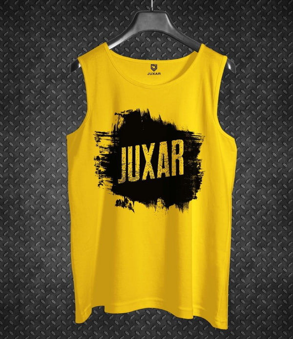 Juxar yellow sleeveless tank top sportswear for men with black logo print on front