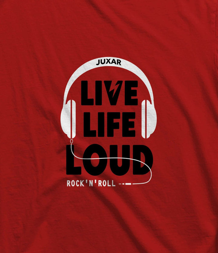 Juxar sporty cotton longline tee red with white headphone graphic and bold LIVE LIFE LOUD rock n roll print