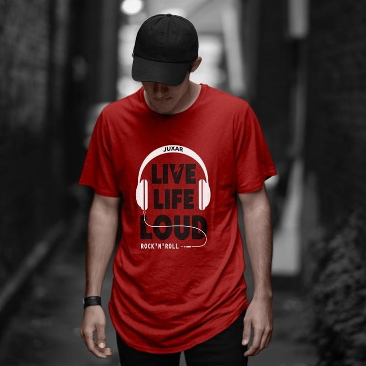 Juxar sporty cotton longline tee in red with Live Life Loud headphone graphic on model wearing black cap